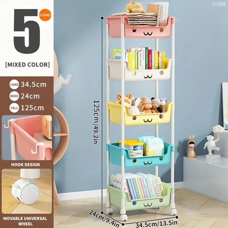 Für Wohnzimmer im Haushalt Mehrschichtiger Cartoon Smiley Beweglicher Wagen Bodenregale Kinderspielzeug Snacks Büchertaschen Organisieren R