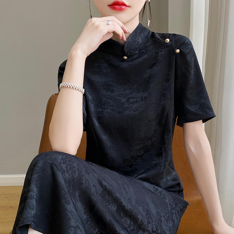 Women's Summer Stand Collar Cheongsam: Slim, Versatile, Retro Satin Long Dress