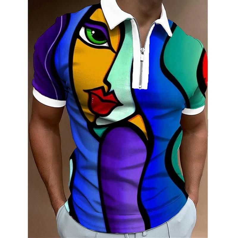 Skull Candy Print Short Sleeve Polo, Trendy Casual Zip-Up Polo