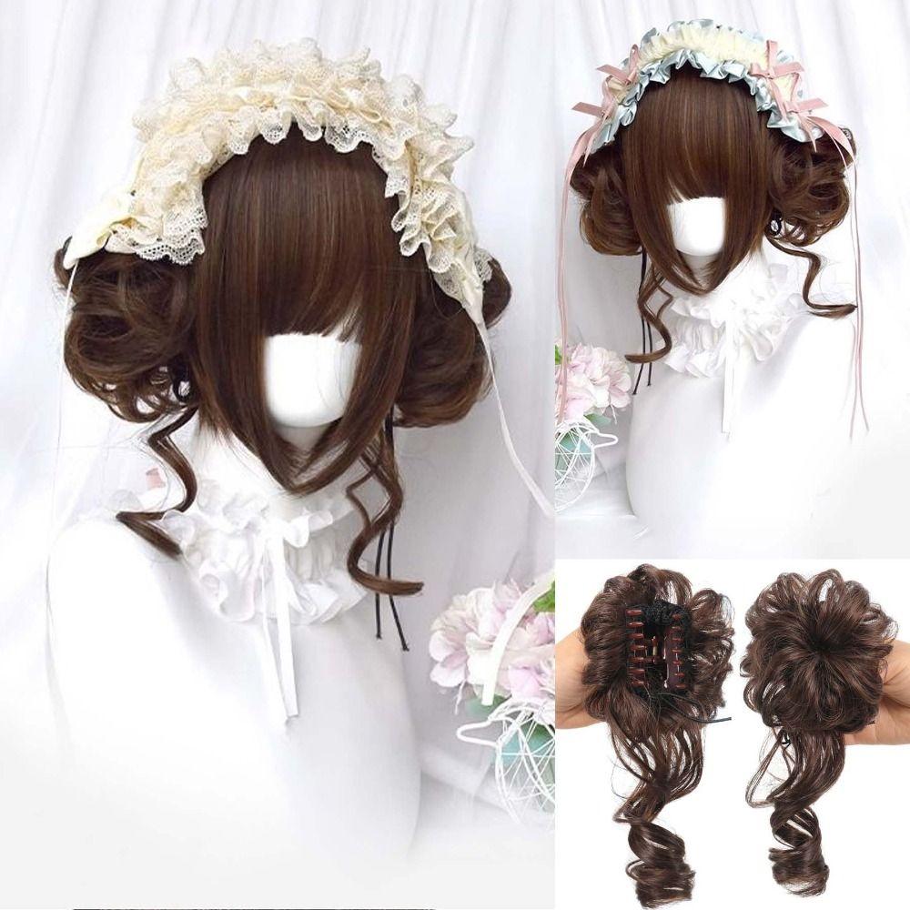 Synthetic Lolita Wig with Bangs Blonde Flower Bun Head Wig Short Curly Double Ponytail Bun  Girl