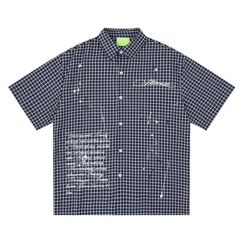 Foreign Trade Original Summer New American Vintage Plaid Short-Sleeve Shirt, Loose Collegiate Style Royal Blue Top for Men and Women