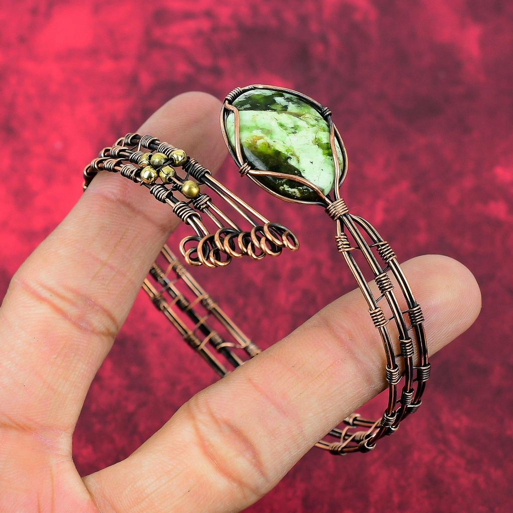 Australian Chrome Chalcedony Cuff Bracelet Copper Wire Wrapped Gemstone Bangle Adjustable Cuff Bracelet Handmade Copper Jewelry Gift For Him