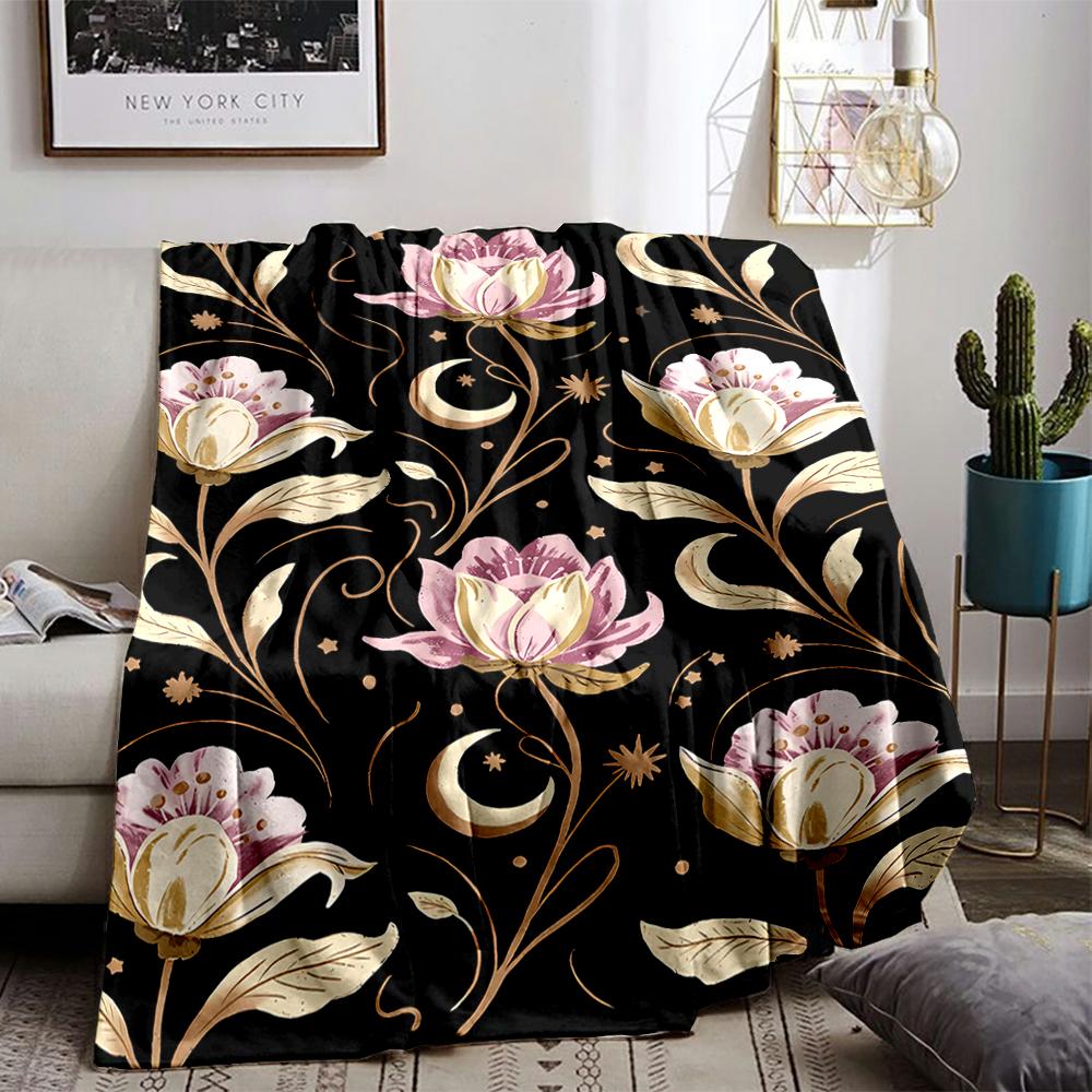 Floral Blanket with Pink Flowers, Moon, Star Pattern, Black Background Blanket, Suitable for Use In the Bedroom, Living Room, On the Sofa