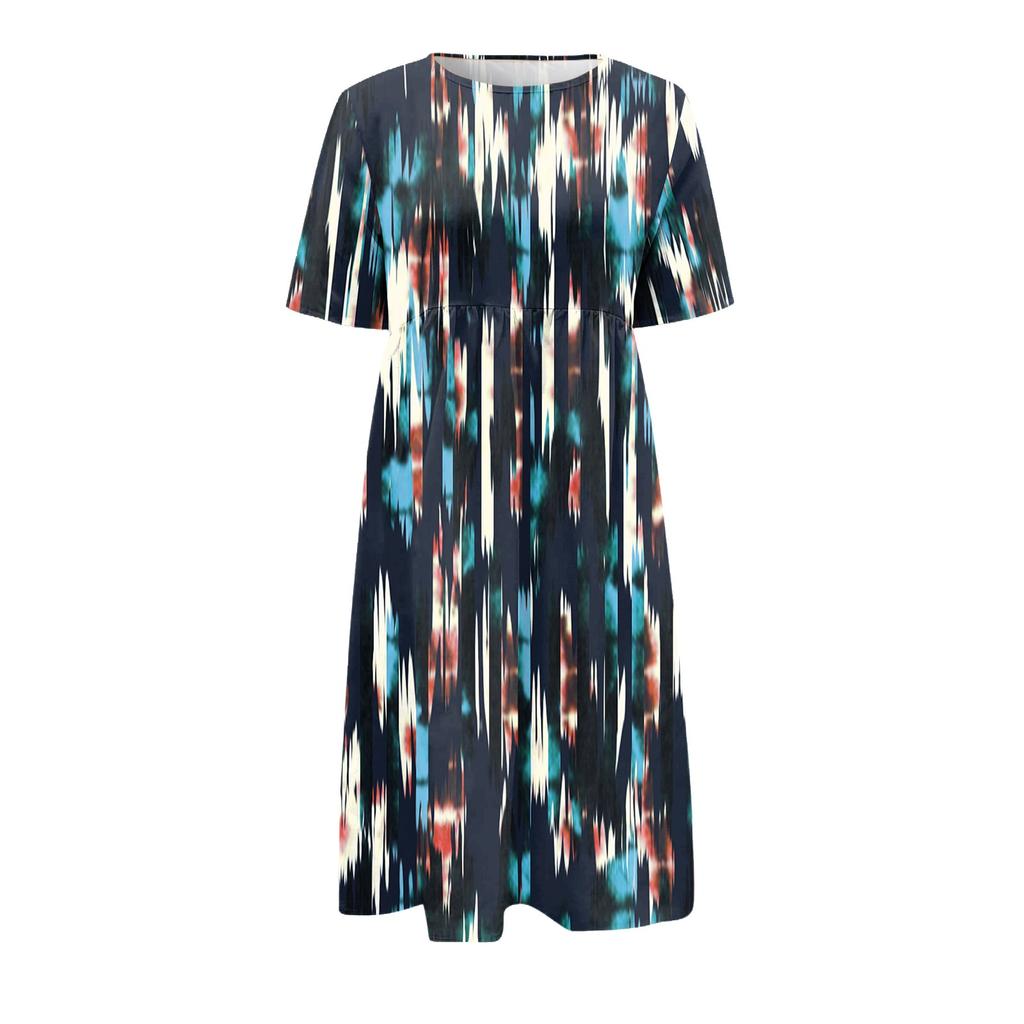 Damen-Freizeitkleider, bedruckte Kleider, Sommerkleider, bedruckt, plissiert, Rundhals-Midi-Kleider, Basic, klassisch, Outdoor, täglich, kurzärmelig, lockere Kleider