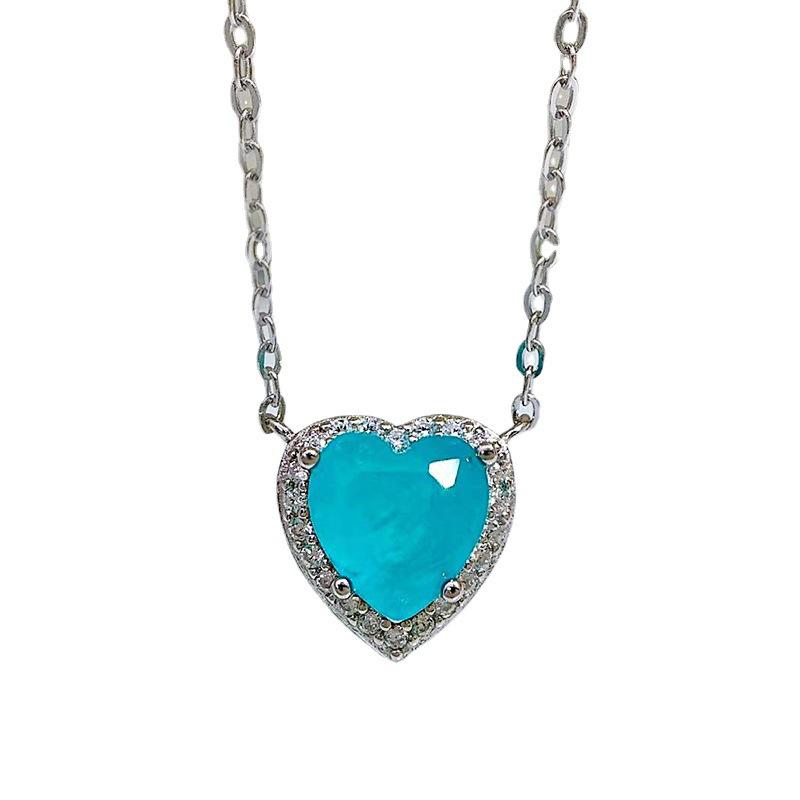 S925 Silver Heart Paraiba Necklace - Women's Layered Clavicle Chain Pendant