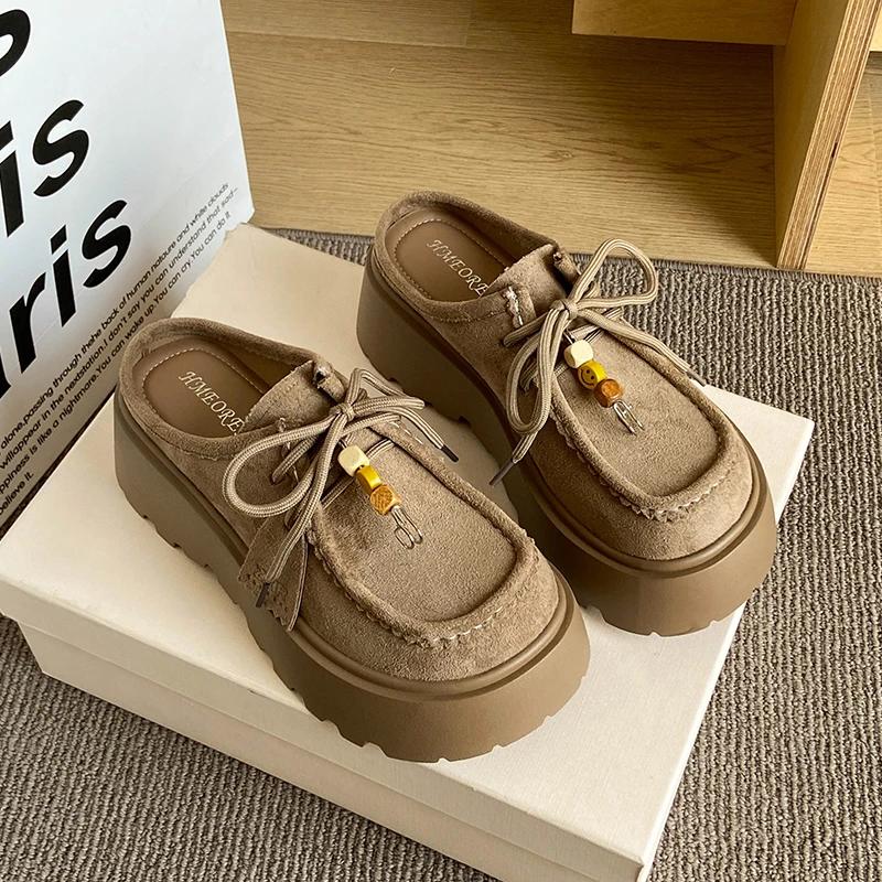 

2025 New Women s Fashion Loafers Platform Heightening Front-covered Slippers Retro Women s Casual Half-slippers Zapatos De Mujer 35 верблюд