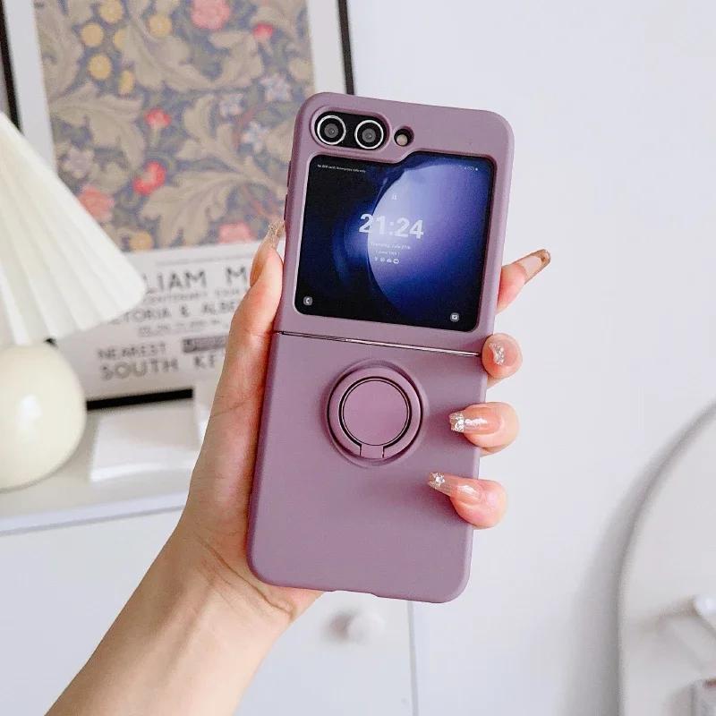 Simple Solid Color Rotating Ring Bracket Phone Case For Samsung Galaxy Z Flip 7 6 5 4 3 Soft Silicone Shockproof Protector Cover