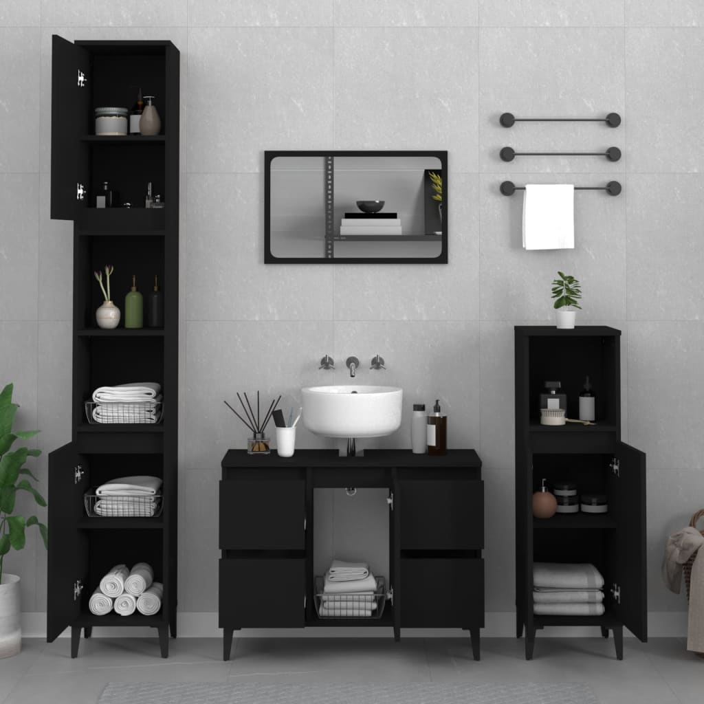 Unterschrank Unter Dem Waschbecken Im Bad, Zwei Schubladen Links Und Rechts, Ein Türfach In Der Mitte, Viel Stauraum, Schwarz 80x33x60 Cm