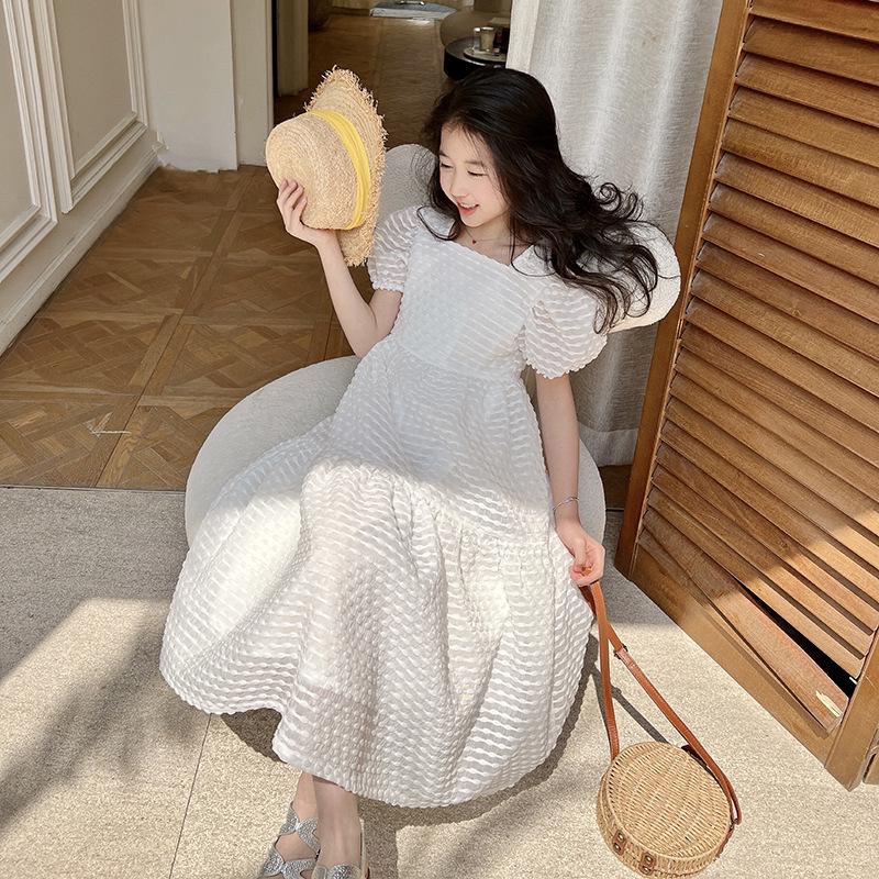 23 Summer Girls' Formal Square Neck Princess Long Dress - Fashionable Sweet Performance Outfit for Middle and Big Children