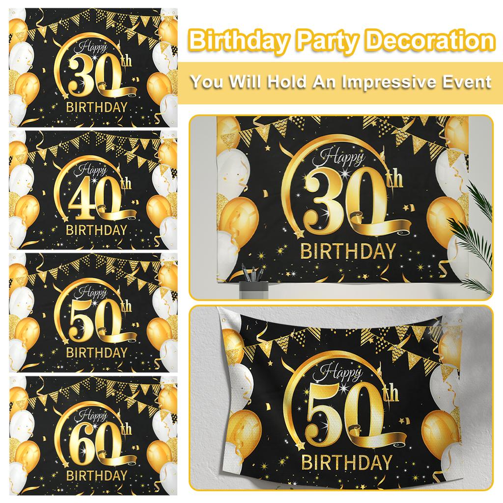 Schwarz Gold Happy Birthday Banner Ballon Flagge Erwachsener 30. 40. 50. 60. Geburtstagsparty Dekoration Zubehör Wimpelkette Jubiläum