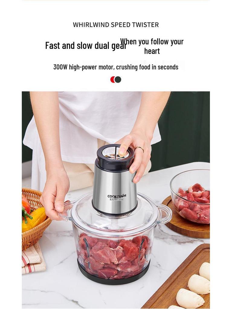 Moedor e Processador de Alimentos Elétrico Multifuncional de Aço Inoxidável para Picar, Misturar e Moer Carne, Alho e Vegetais.