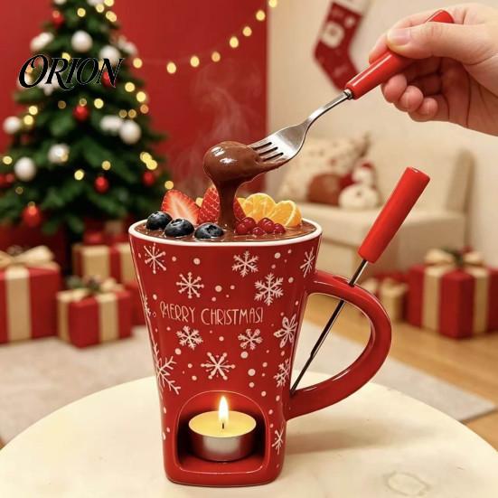 Winter Party Dessert Serving Dish Christmas Chocolate Fondue Mug with Tea Light Warmer & Forks, 155ml Ceramic Melting Gift for Lovers Pot Cheese