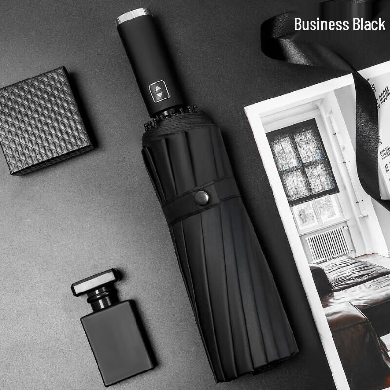 XuQing Automatic 16-Rib Frosted Handle Black-Coated Folding Umbrella