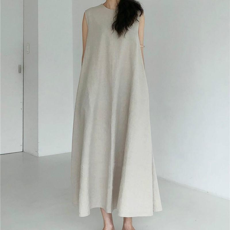 Women Summer Vintage Cotton and Linen Long Tank Dress Sleeveless Loose Waist Large Hem Round Collar Midi Sundress