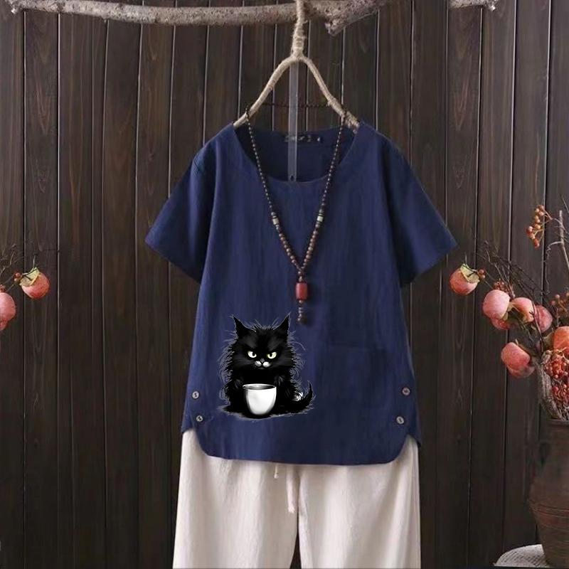 

Новая футболка из хлопка и конопли с V-образным вырезом и принтом кошки для женщин - 2025 Летняя базовая модель 4XL темно-синий