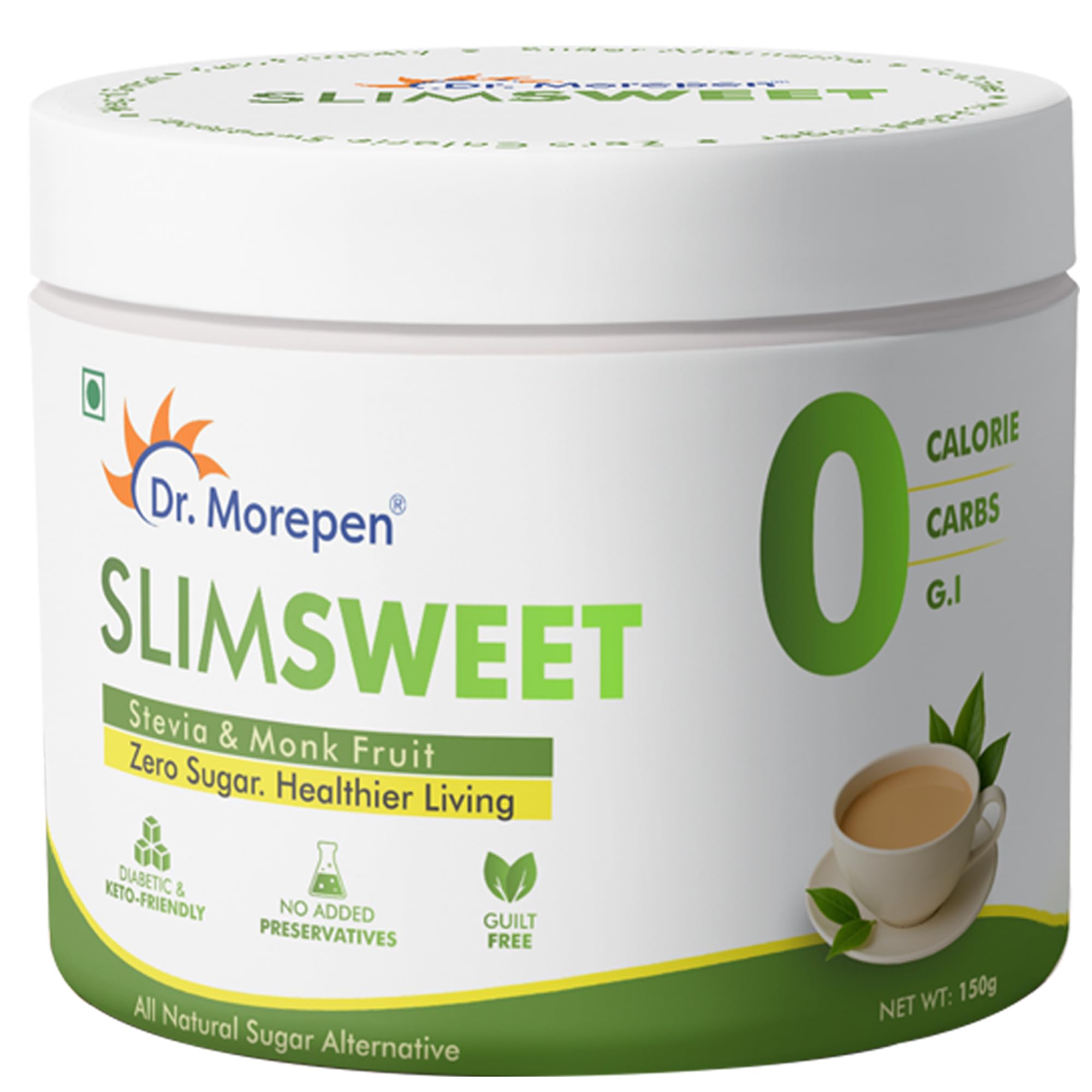 

Dr. Morepen SlimSweet Natural Sugar Substitute with Stevia & Monk Fruit | Zero Calorie, Zero Sugar Sweetener | Keto-Friendly, Diabetic-Safe Sugar A
