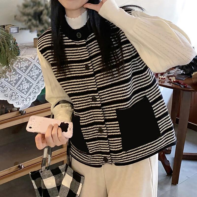 TonLion Women's Striped Round Neck Cardigan Vest