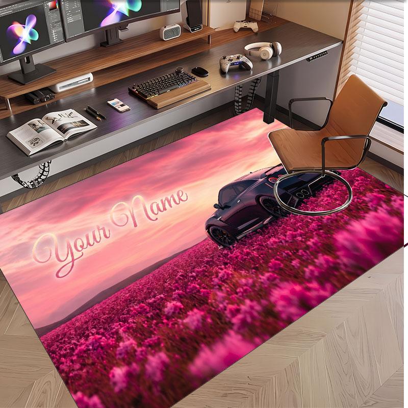 Auto-Rennsport-Thema Weicher Kristall-Samt Teppich Benutzerdefinierter Name & Text Druck Rutschfester Boden Teppich für Schlafzimmer Wohnzimmer