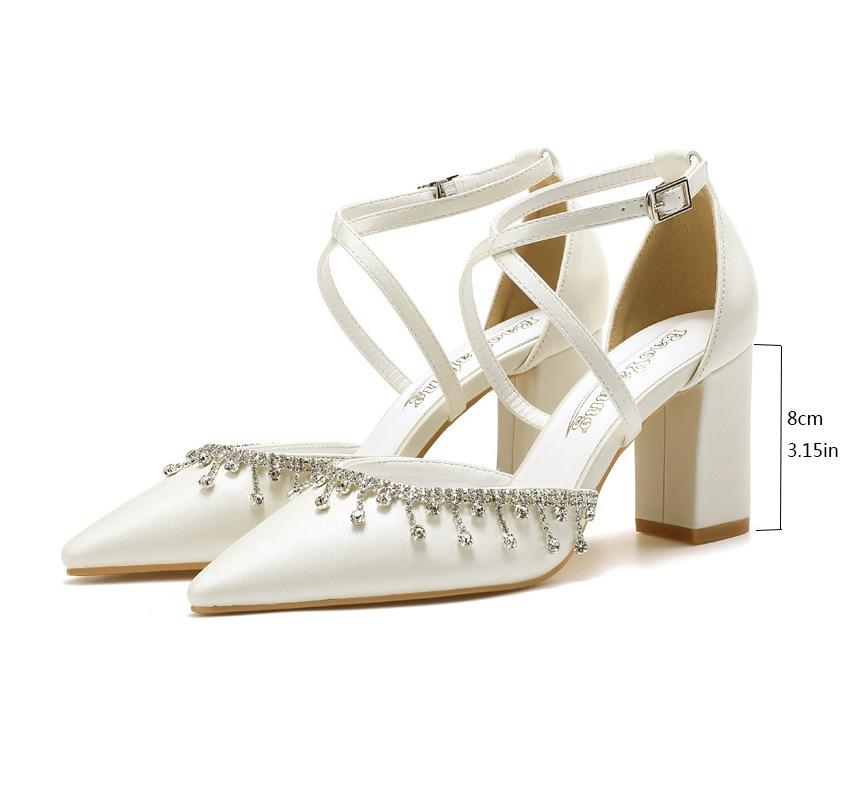 White High Heels New Spring and Autumn Pointed European and American Tassel Fashion Thick Heel Wedding Shoes Cross Belt Hollow Gift Size Shoes