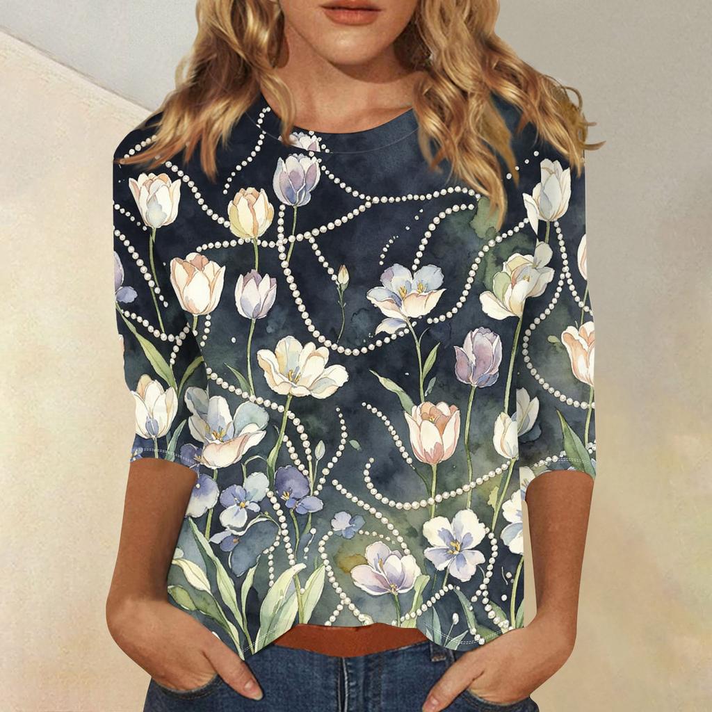 Women's Casual Floral Print Three Quarter Sleeve Top Round Neck Blouse Lightweight Comfortable Fit Suitable for Everyday Wear