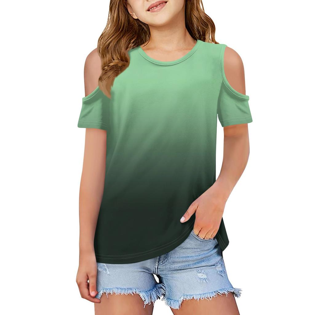 Children summer fashion T-shirt dew shoulder round collar gradient leisure coat