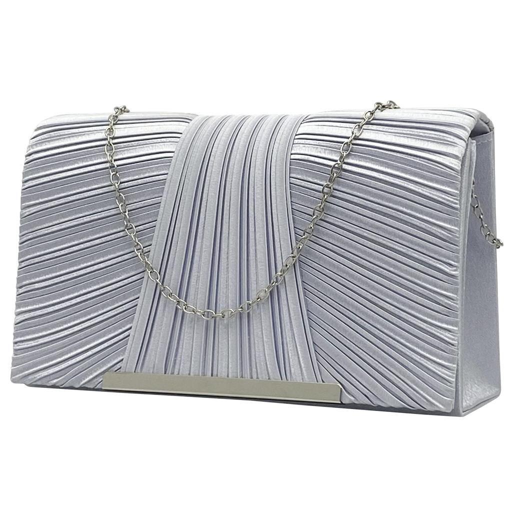 Party Bag for Weddings, Black Clutch, Women's 2-Way Gold Point Pleated Satin Clutch Bag with Long Chain (Silver)