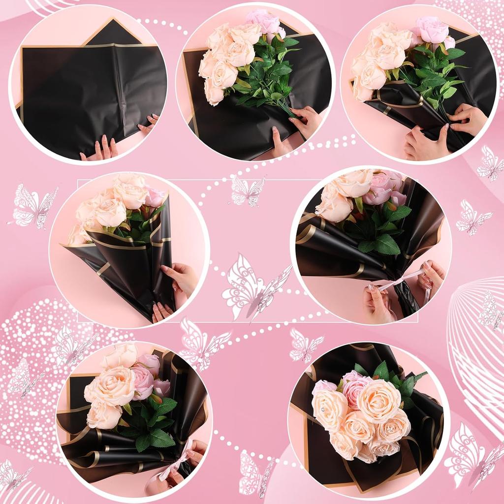 181Pcs Flower Wrapping Bouquet Paper Set with 30 Sheet Floral Wrapping Paper 48Pcs 3D Gold Butterfly Decor 100Pcs Bouquet Corsages Pins 4 Roll