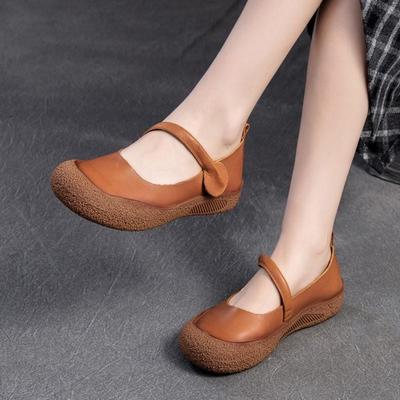 Sapatos baixos casuais dedo redondo confortável e versátil sola macia sapatos femininos de couro genuíno