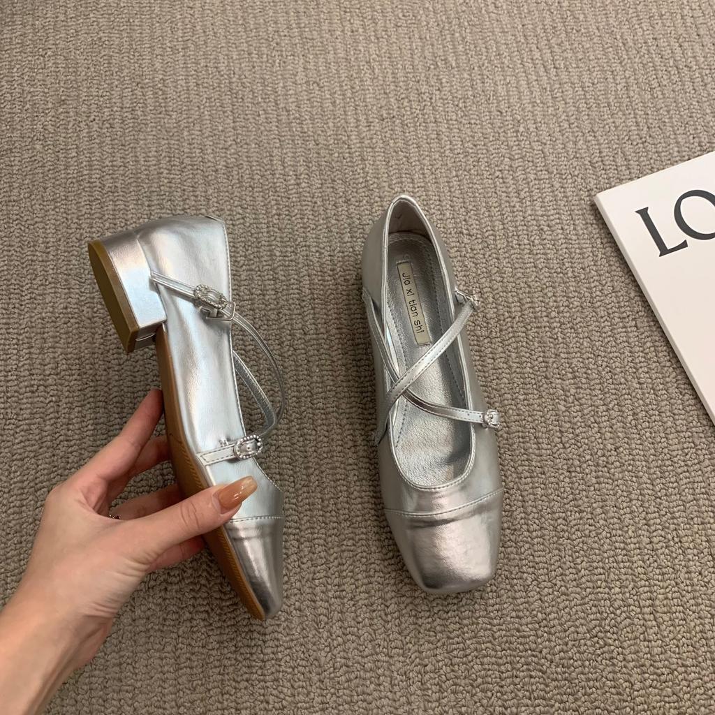 Coarse heel crossed silver Mary Jane square head single shoes women's shoes 2025 new spring evening gentle flat shoes