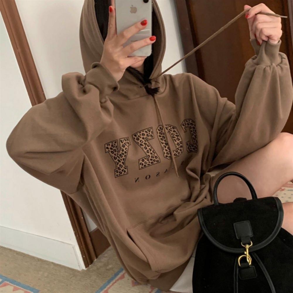 New ArrivalS Open Run Women S Leopard Lettering Kangaroo Fall overSized Hoodie