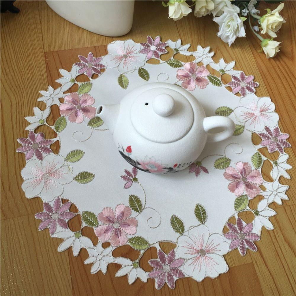 For Dining Table Rectangular Flower Pattern Embroidery Craft Lace Placemat Cup Pad Coaster Doily