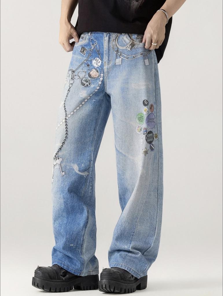 American Trend D Digital Jeans Boys Loose Big Straight Wide Leg Mopping Floor Casual Denim Pants