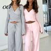 Soft Spring Autumn Clothes Women Sweatshirt Pants 2-Piece Set, V Neck Slim Fit Top & High Tops Waisted Wide Leg Trousers, Solid Color Lounge