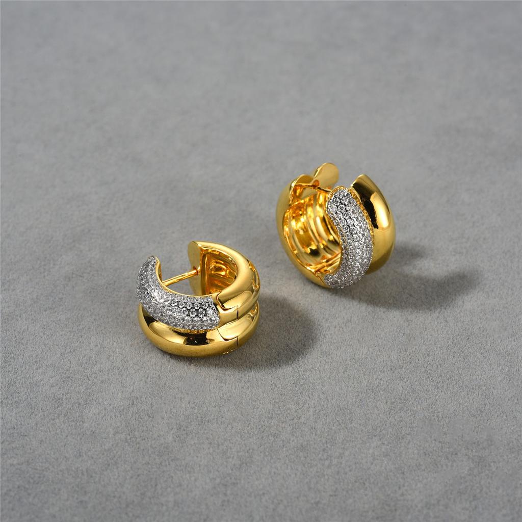 Unique Personality Light Luxury Copper Plated 18K Real Gold Inlaid With Diamonds Fashion Double Ring Earrings Exquisite Earrings