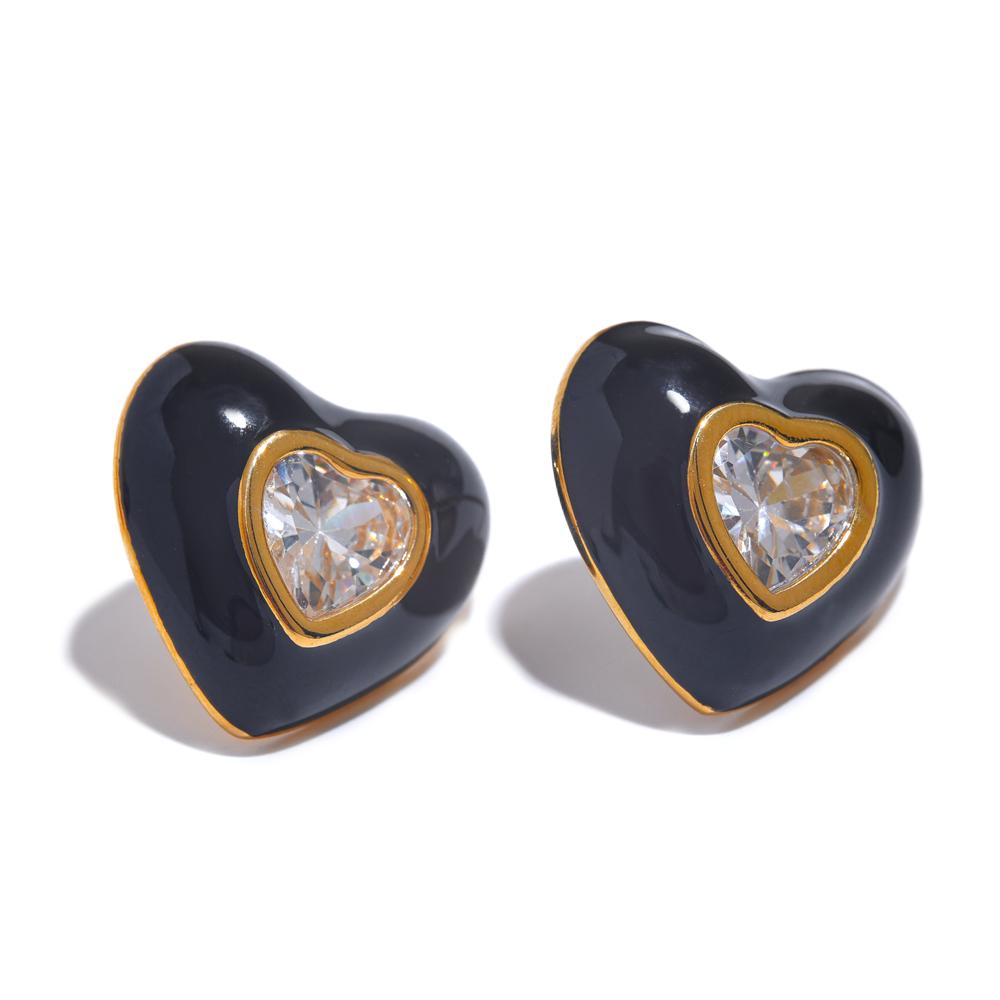Yhpup 6Color Enamel Shiny Cubic Zirconia Stainless Steel Heart Colorful Stud Earrings Exquisite High Quality Y2K Fashion Jewelry