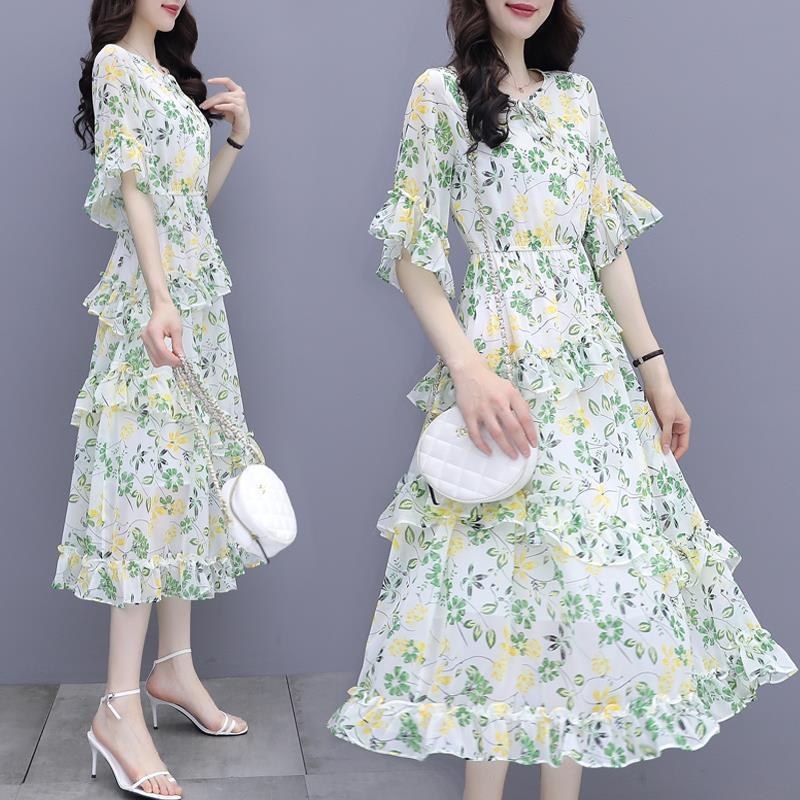 

Элегантное летнее шифоновое платье с цветочным принтом для женщин, приталенное, миди, платье-торт, модное, с коротким рукавом XXL зелёный