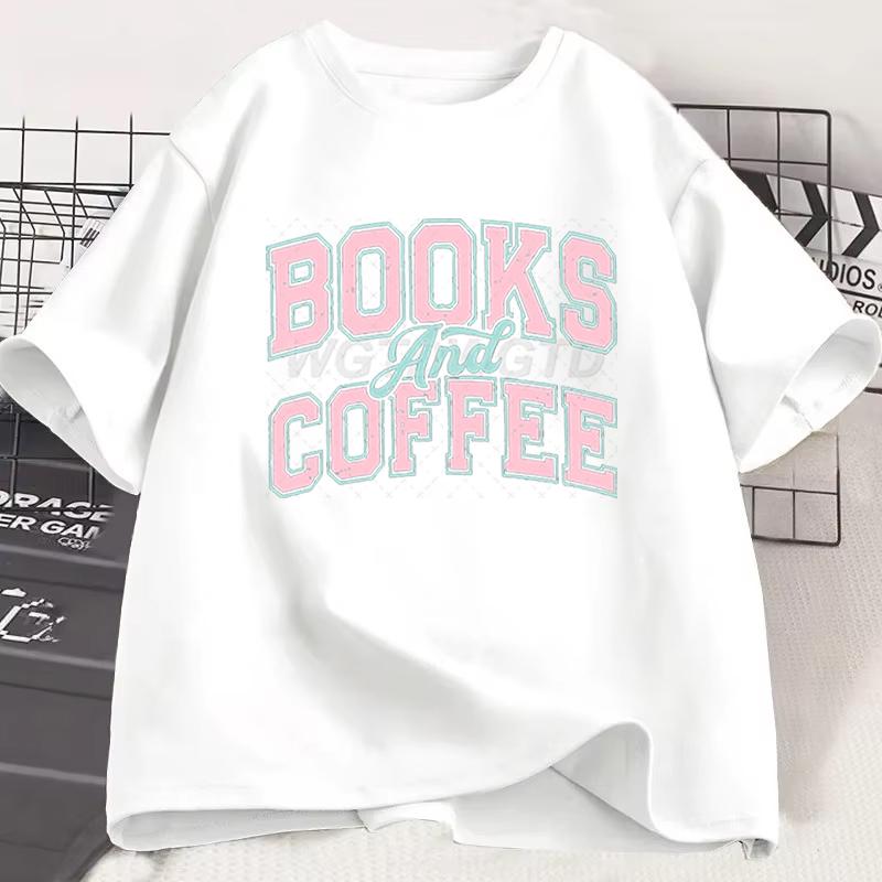 Unisexs Unisexs Books And Coffee Tshirt Retro Casual Short Sleeve Tee Book Coffee Lover Gift Short Sleeve Top For Daily Wear