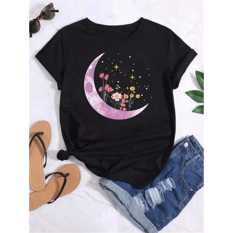 Maycaur T-shirt Dam Måne Planet Tryck Mode T-shirts Casual Rund Hals Kort Ärm Streetwear Dam T-shirt Vintage Toppar