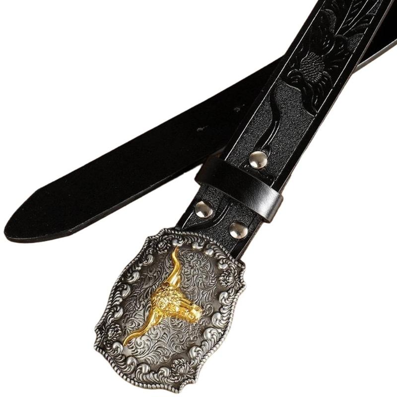 Women Western Belt Engraved Bull Metal Buckle Pants Belt Unisex Cowgirl Belt