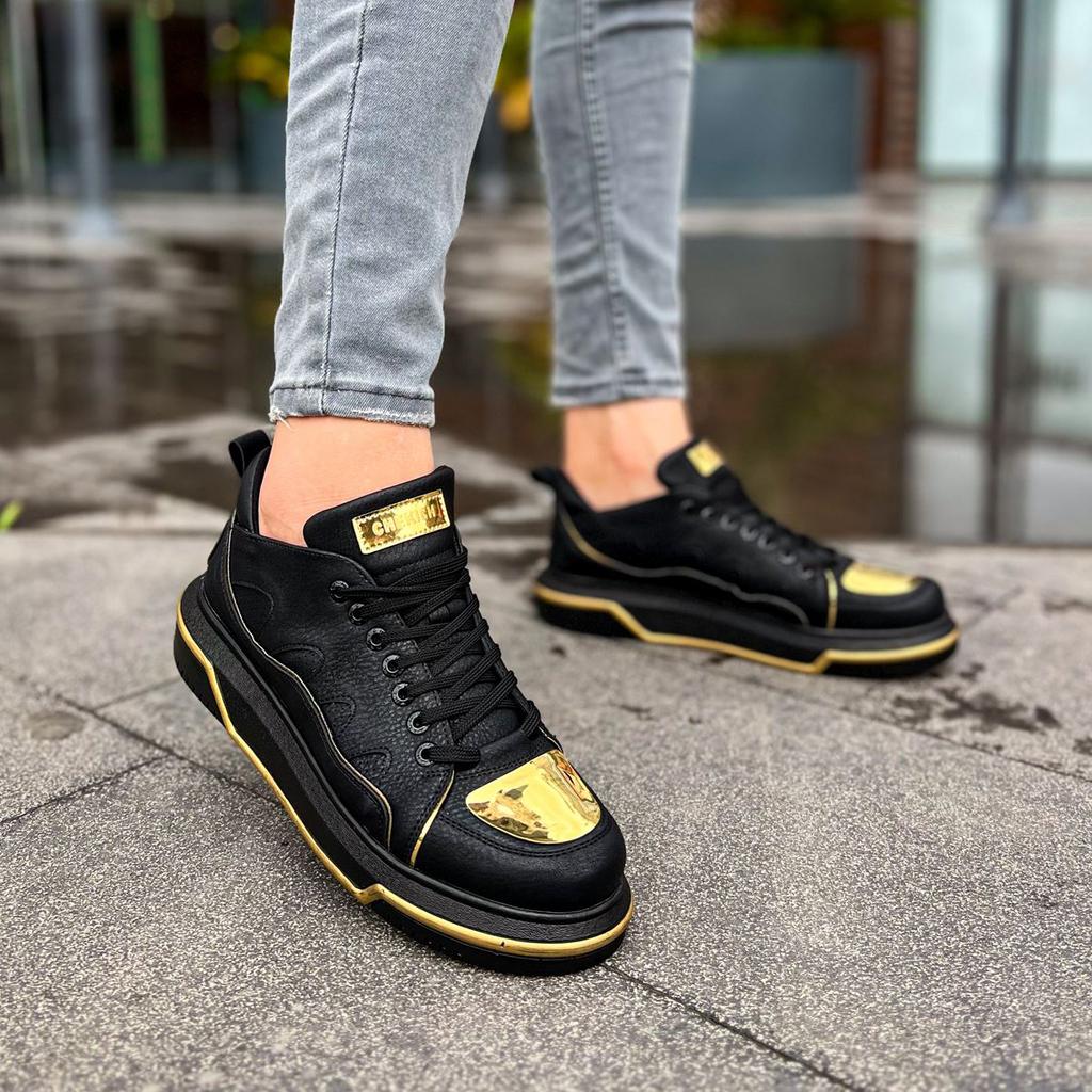 black white and gold sneakers