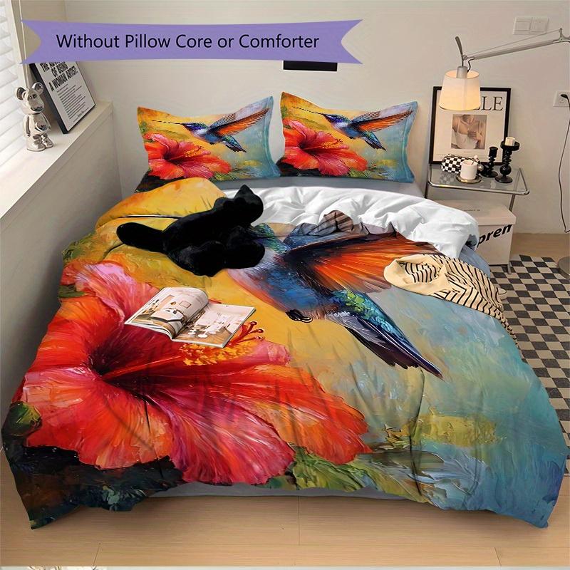 3pcs Hummingbird Flower Soft Comfortable Bedding Set, For Bedroom, Guest Room And Dorm, All - Season Use, High-Definition Printing180