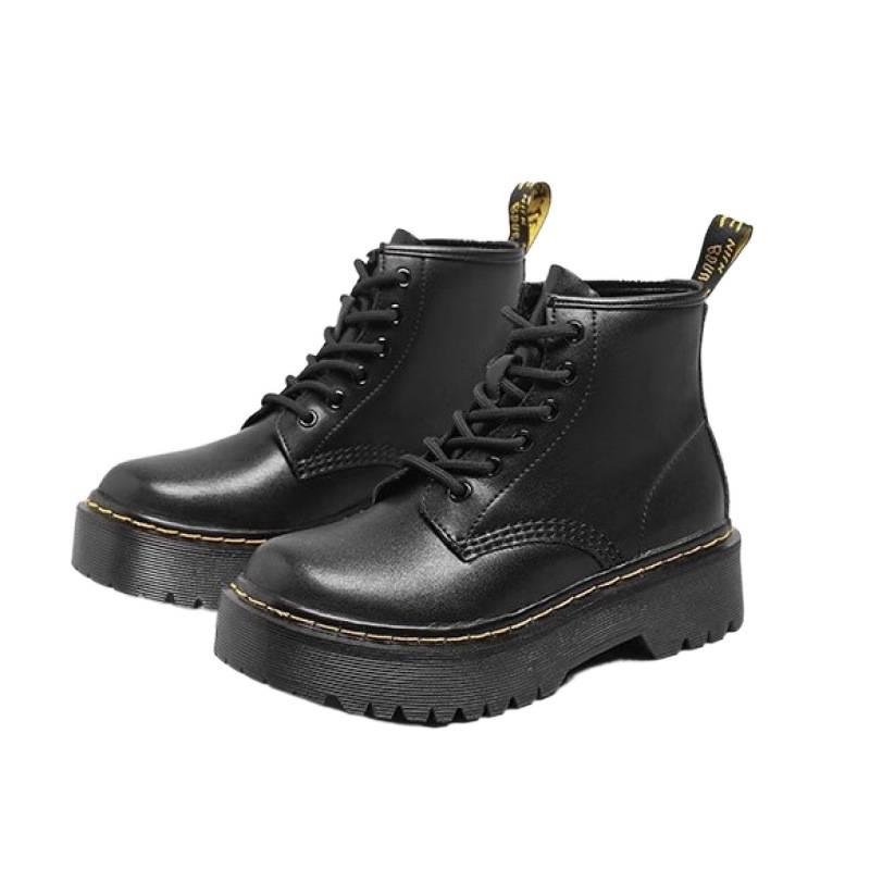 2025 Autumn and Winter Thick-soled Six-hole Open-edge Bead Martin Boots, Black Boots, Heightening Women's Street Cowhide Boots, Medium Tube