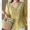 Yellow V Neck Half Sleeve Polka Dot Embroidered Linen Blouse for Women