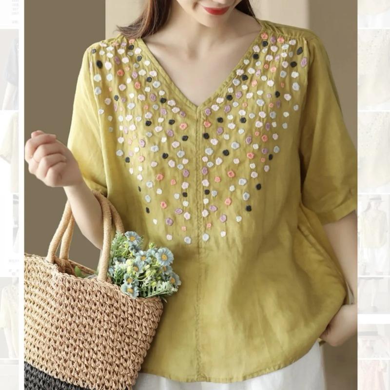 

yellow v neck half sleeve polka dot embroidered linen blouse for women M жёлтый
