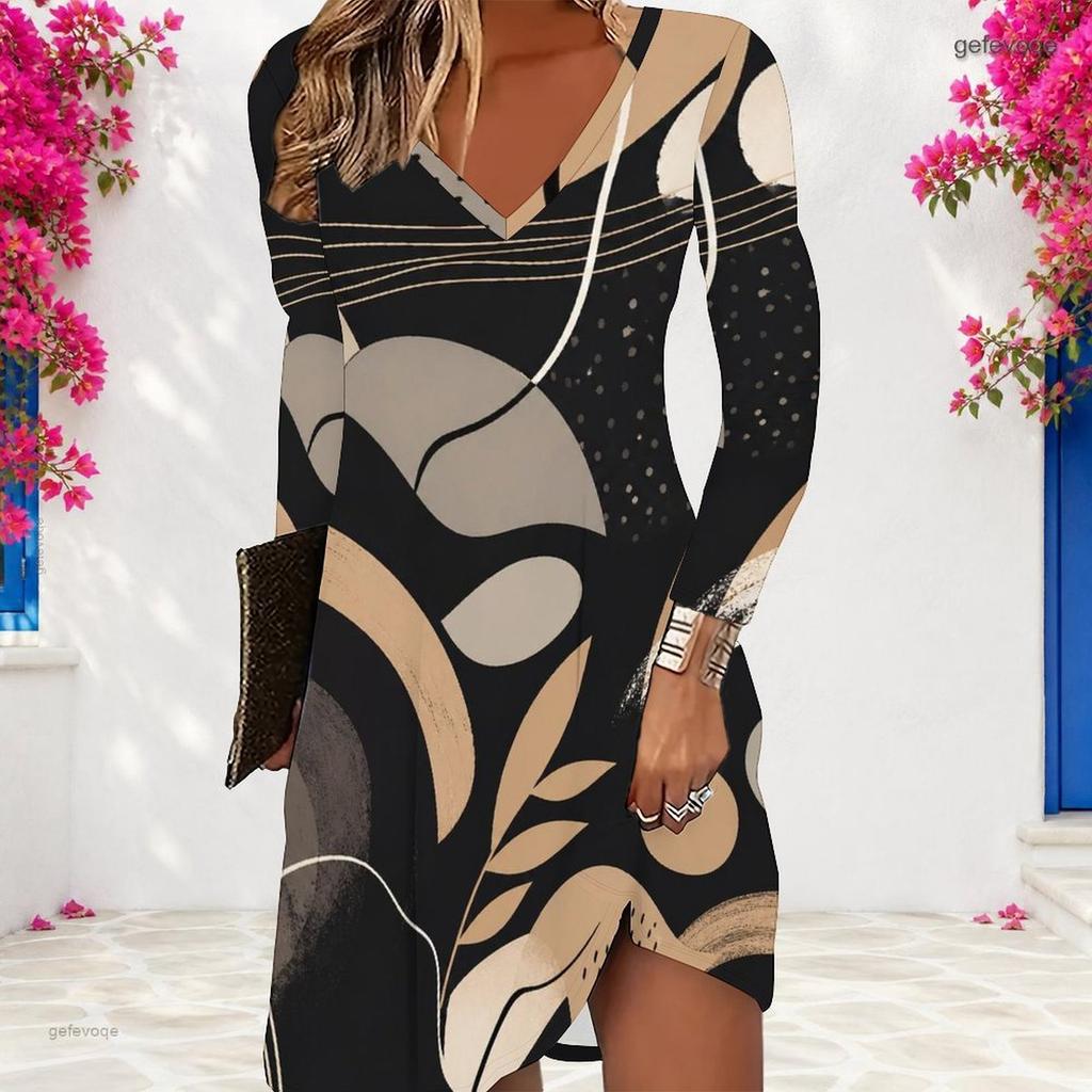 Women Plus Size V Neck Long Sleeve Printed Beige Orange Blue A Line Dress