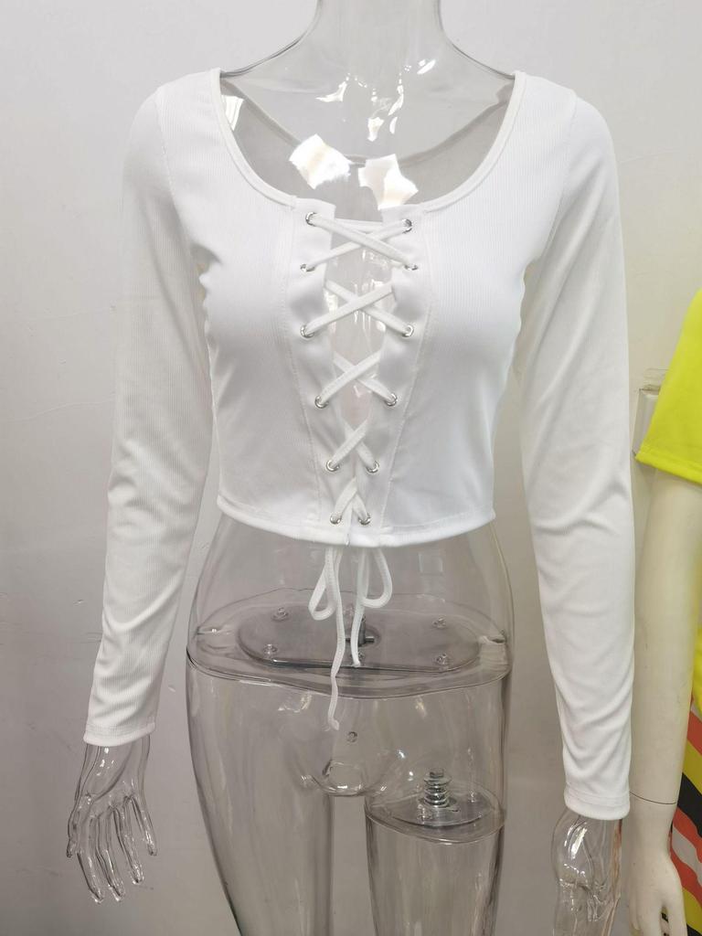 2021 European & American Women's Sexy Long Sleeve Hollow Lace-up T-shirt Top