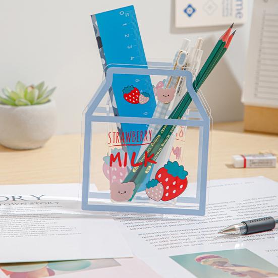 Clear Acrylic Pen Holder Cartoon Milk/Bear Shape Desk Storage Box Makeup Brush Organizer for Home Office School Supplies