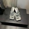Square Head Niche Design Sense High Heel Cool Slippers Women Summer Wear New Rhinestone Thin Heel Fashion Sandals Women