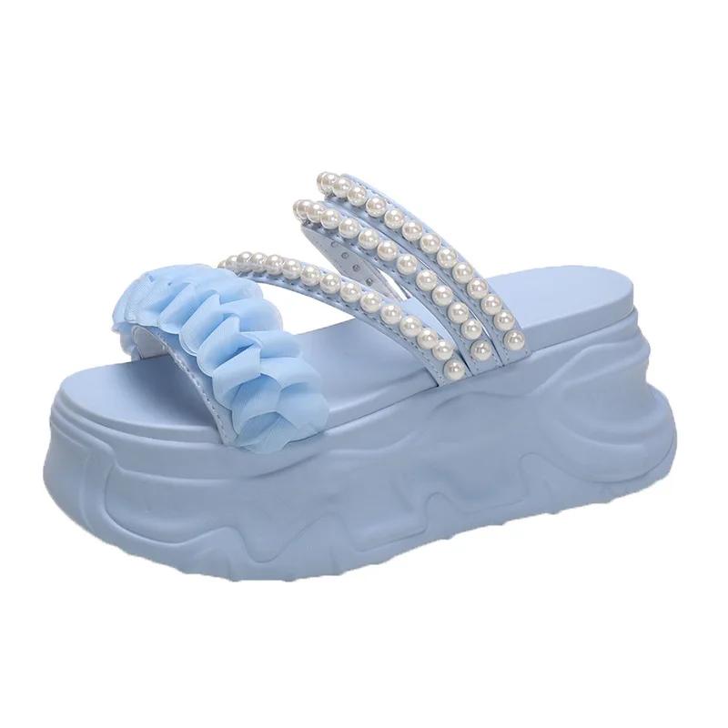 Fashion 8CM Summer Casual High Platform Sandals Women Buckle Strap Slippers Thick Bottom Pearl Sandalias Woman Chunky Beach Shoes Mujer