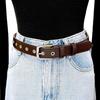 Trendy Coffee Double Ring Buckle Belt with Gold Eyelet, Fashionable Everyday Street Style Leather Accessory.